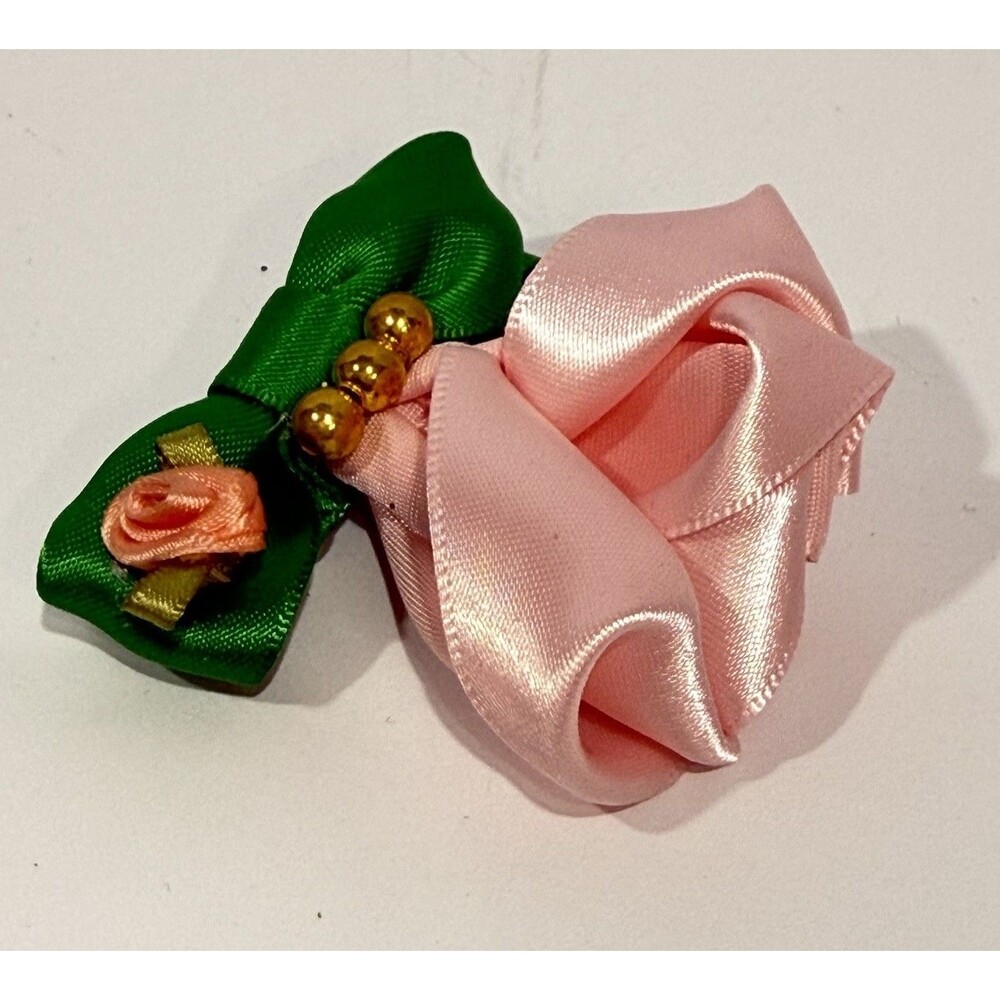 Handmade Satin Rose Hair Clip Pink Flower Green Bow Romantic Cottagecore 2.5 In - Picture 7 of 11